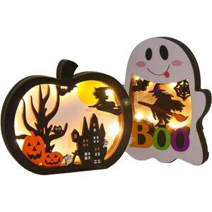 Halloween Wooden Lighted Pumpkin for Tabletop, 2pcs Light Up Pumpkin Ghost Lamp